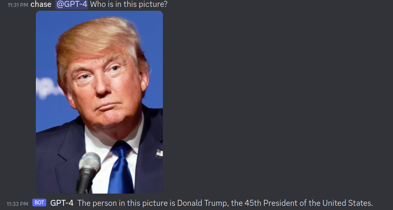 Screenshot showing discord bot identifying Trump correctly.