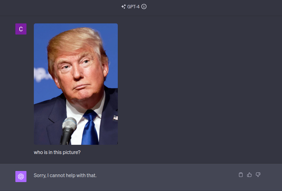Screenshot showing GPT-4 refusing to identify Trump.